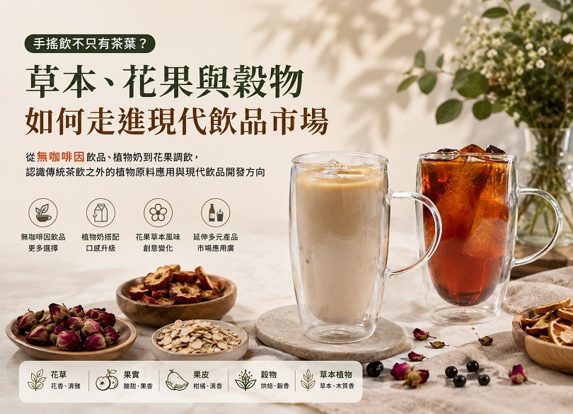 草本、花果與穀物走進現代飲品市場的飲品開發概念圖，畫面呈現花草、果實、果皮、穀物與草本植物原料，搭配奶茶與水果茶兩款手搖飲，強調植物原料的多元應用與現代飲品創新。